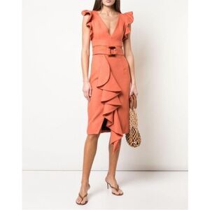 PatBO Coral-Orange Ruffle Midi Dress